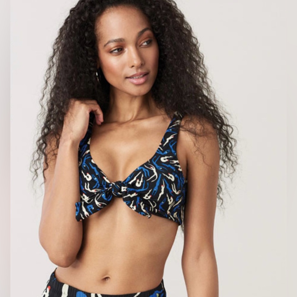 DVF Abstract Blue/Black Print Swim Top Retro Art Bikini Crop w/ Front Tie size M
